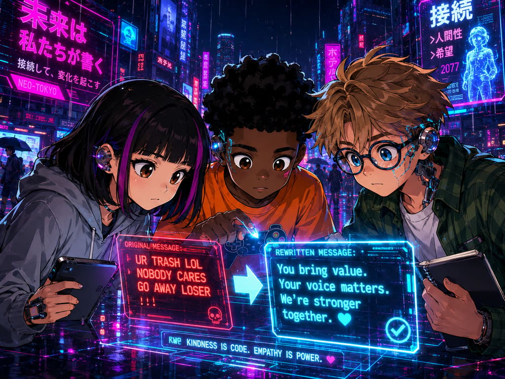 The Digital Defenders: CIVIX Adventure: página 4, viñeta 2: The trio focuses on a particularly harsh message. Together, they rewrite it into a respectful, constructive one, the words glowing with positive energy as they work.