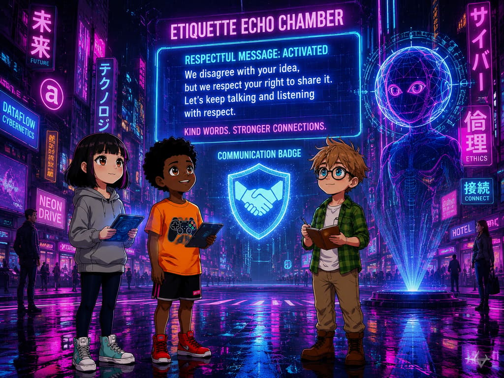 The Digital Defenders: CIVIX Adventure: página 4, viñeta 3: The rewritten, respectful message replaces the harsh one, radiating calm. The echo chamber quiets. CIVIX awards the 'Communication Badge.'