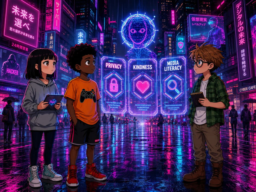 The Digital Defenders: CIVIX Adventure: página 4, viñeta 4: CIVIX reappears, projecting three holographic options for the 'true traits of a Digital Defender': Privacy, Kindness, Media Literacy. The friends look at each other, ready to make their final choice.