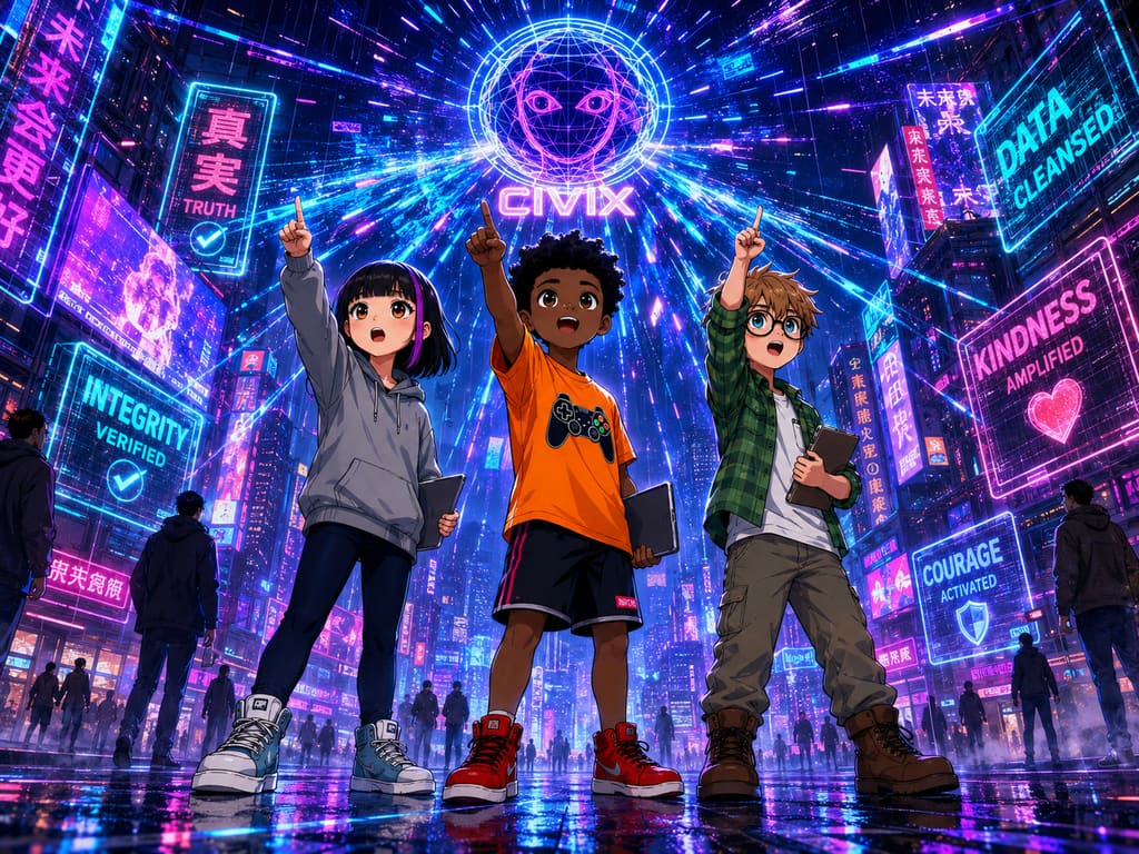 The Digital Defenders: CIVIX Adventure: página 4, viñeta 5: The trio points decisively at the correct traits. A brilliant surge of light erupts, restoring vibrant balance to the digital world. They stand bathed in the light, triumphant.