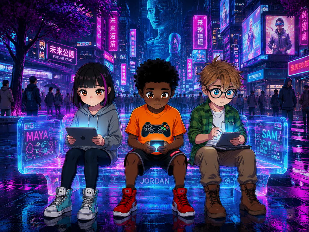 The Digital Defenders: CIVIX Adventure: página 4, viñeta 6: Back in the real world, the friends sit in the park, their expressions thoughtful and determined. They look at their phones, no longer just devices, but tools for positive change.