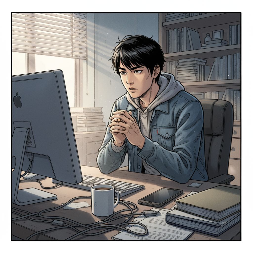 赵明的夏天 — page 4 panel 2: 暑假即将结束,赵明坐在房间里,紧张地盯着电脑屏幕,等待着高考成绩的公布。