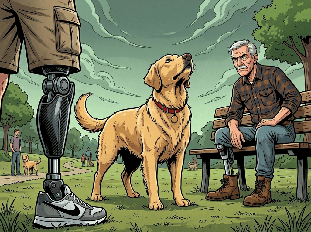 The Ghost Leg and the Coming Storm — page 4 panel 2: Watson stops sniffing Ruthie, facing the sky. He performs his ritual: head to the ominous cloud patch, then to Andrew's right leg, then back to the sky. Hank watches, a frown deepening on his weathered face.