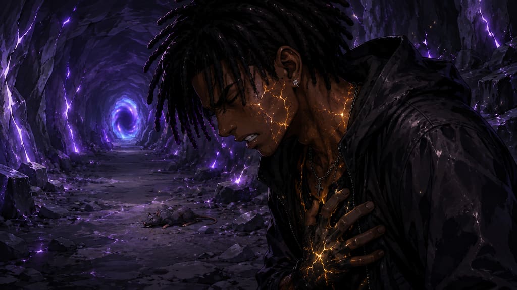 ZERO RANK — Episode 1: Rank Zero — page 4 panel 2: Malik's entire body suddenly tightens. He grabs his chest as a powerful heat surges through his exhausted muscles.