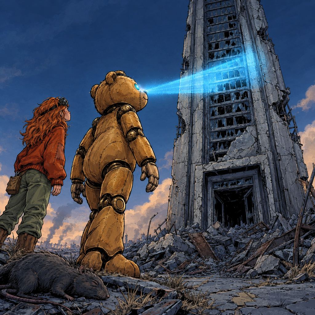 Ivy dans le paysage post-apocalyptique — page 4 panel 2: Ted reste immobile près d’Ivy. Ses yeux mécaniques projettent une lumière bleue qui balaie les façades, les fenêtres brisées et les amas de métal.