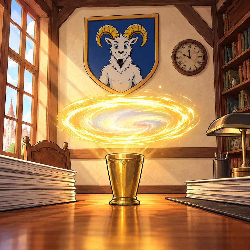 EISBANDE No. 6 – Die Alte Welt — page 4 panel 2: Über dem goldenen Becher bildet sich ein schwebender goldener Lichtkreis. In seinem Inneren wirbeln nur undeutliche helle Farben und Licht, noch ohne erkennbare neue Welt. Der Becher bleibt als Auslöser klar sichtbar, während Hannes im Wappen gebannt auf das entstehende Portal schaut.