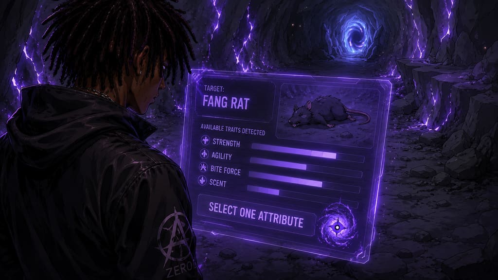 ZERO RANK — Episode 1: Rank Zero — page 4 panel 4: A second interface appears, identifying the dead creature as a Fang Rat and listing the traits Malik can claim.