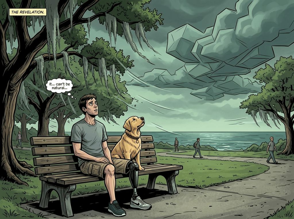 The Ghost Leg and the Coming Storm — page 4 panel 6: Andrew sits alone on the bench, watching the ominous, angular cloud formation over the Gulf. His phantom foot hums, a sustained, directional tone, like a compass needle finding north, pointing at the impossible geometry in the sky. It's time to act.
