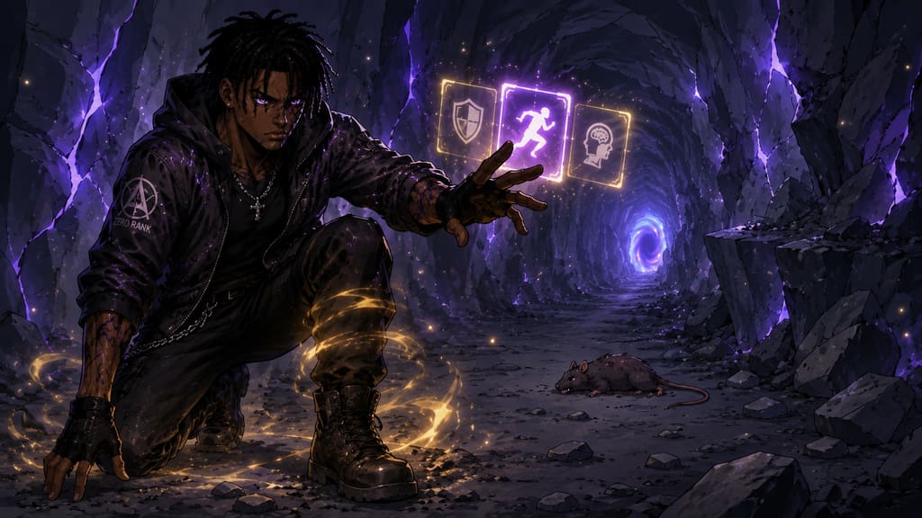 ZERO RANK — Episode 1: Rank Zero — page 4 panel 6: Malik chooses agility, selecting the trait that might help him survive the next encounter.