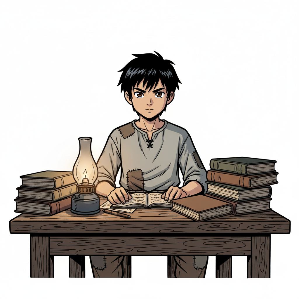 王二小智斗鬼子 — page 5 panel 1: 时光飞逝，转眼间，王二小从希望小学毕业，为了考入大学，他挑灯夜读，付出了常人难以想象的努力。房间里只有一盏煤油灯发出微弱的光芒，照亮了他专注的脸庞和堆满书籍的课桌。