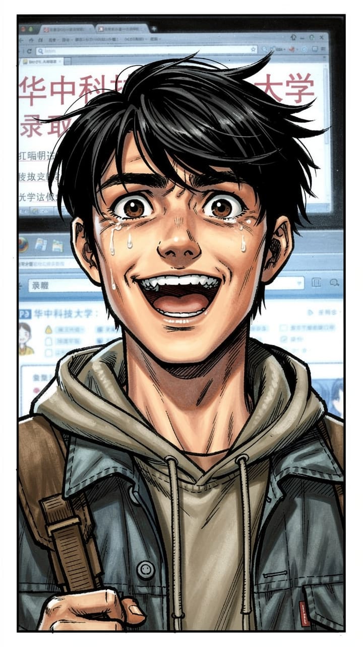 赵明的夏天 — page 5 panel 1: 赵明看到屏幕上的成绩和录取信息,先是震惊,随即爆发出一阵巨大的、如释重负的笑容。