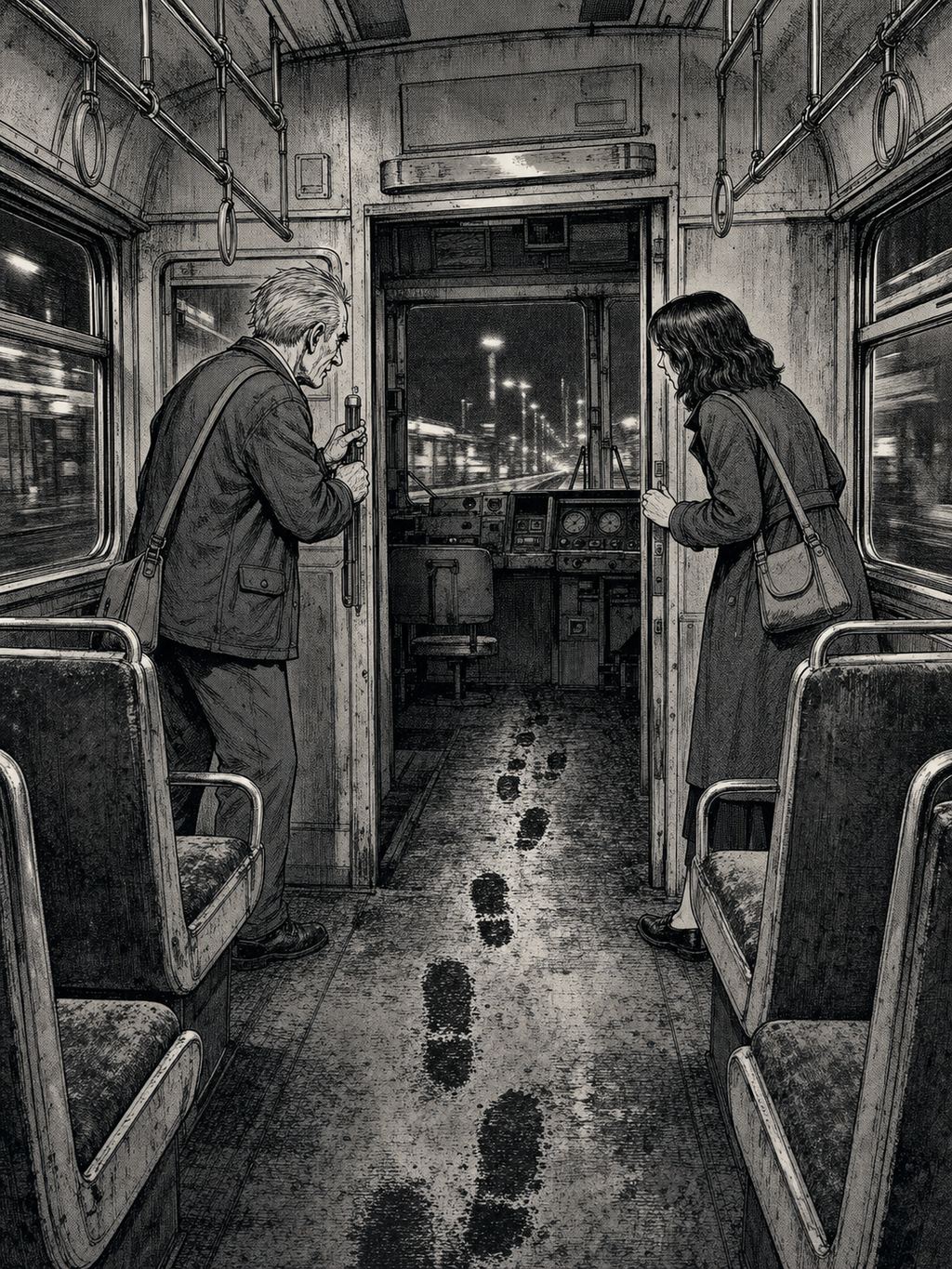 The Last Train — page 5 panel 1: Elias yanks the emergency brake inside the jolting front carriage, but the train continues through the darkness, passing every station without slowing. Mara searches the driver’s cabin and finds it completely empty. Behind them, fresh wet footprints appear on the carriage floor, leading from the front carriage toward their seats.