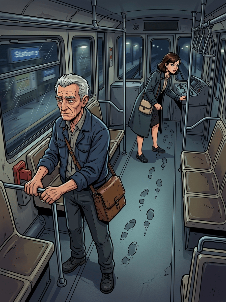 The Last Train — page 5 panel 1: Elias yanks the emergency brake inside the jolting front carriage, but the train continues through the darkness, passing every station without slowing. Mara searches the driver’s cabin and finds it completely empty. Behind them, fresh wet footprints appear on the carriage floor, leading from the front carriage toward their seats.