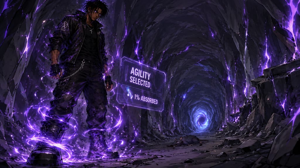 ZERO RANK — Episode 1: Rank Zero — page 5 panel 1: The interface confirms the selection. A faint pulse travels through Malik's legs as he slowly stands.