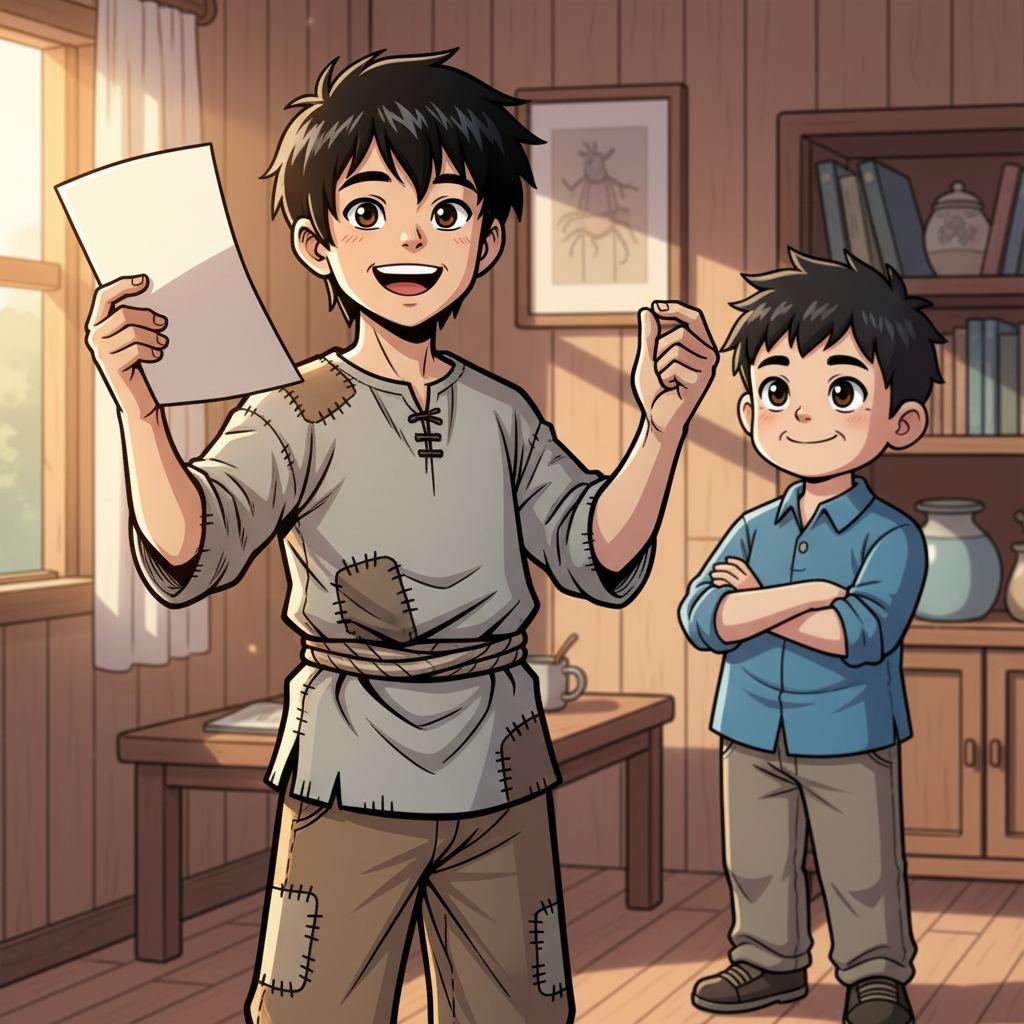 王二小智斗鬼子 — page 5 panel 2: 一个阳光明媚的早晨，村里的邮递员送来了一封信。王二小颤抖着手打开，当看到录取通知书上的“大学”二字时，他脸上绽放出抑制不住的笑容。一旁的小明，也为他感到由衷的高兴。
