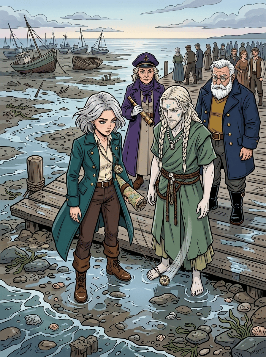 The Moving Sea — page 5 panel 2: The tide suddenly withdraws from beneath the pier, exposing glistening stones and stranded shells. Mira's compass pendant swings toward Silas instead of north.