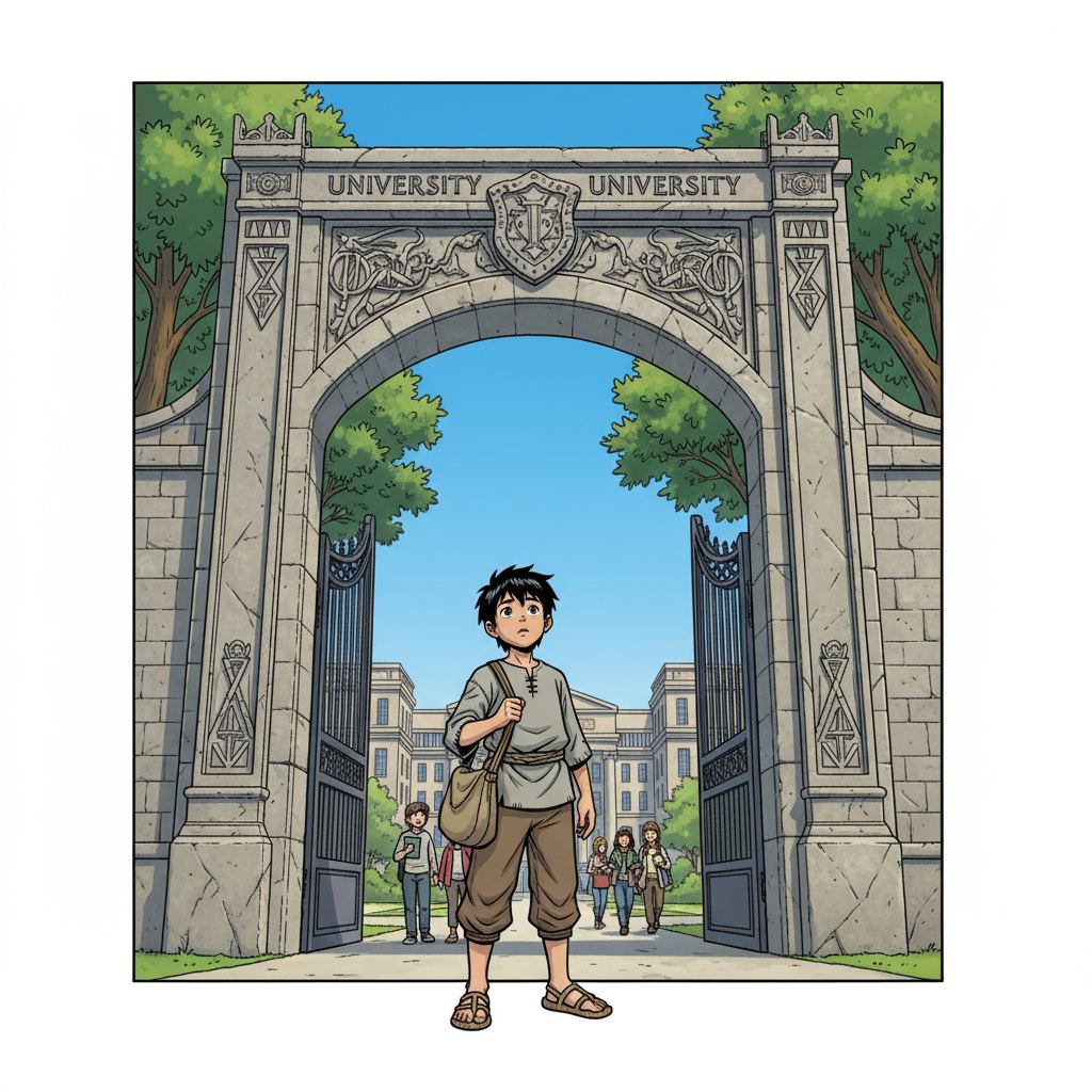 王二小智斗鬼子 — page 5 panel 4: 王二小抵达了繁华的大学城。高大的教学楼、绿树成荫的校园，一切都让他感到新奇和震撼。他站在大学校门前，背着行李，眼中充满了对知识的渴望和对新生活的向往。