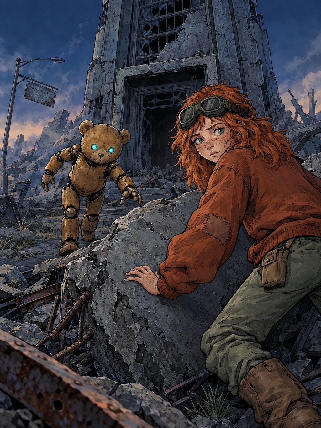 Ivy dans le paysage post-apocalyptique — page 5 panel 2: IVY demande à TED de venir l'aider à bouger l'enorme débris.