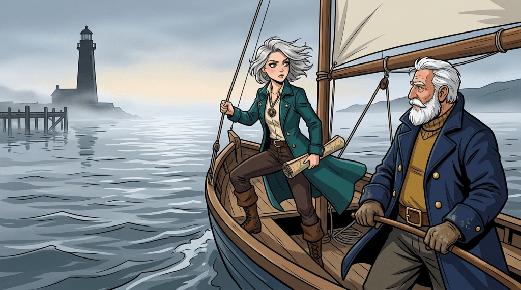 The Moving Sea — page 6 panel 1: At first light, Mira and Tomas leave the harbor alone in a narrow weather-beaten sailboat. The mist parts behind them, leaving the lighthouse and pier small on the horizon.