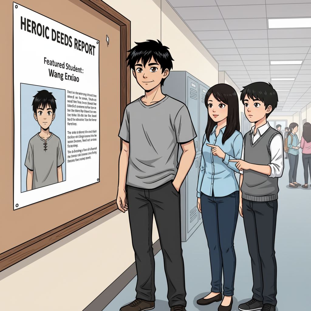 王二小智斗鬼子 — page 6 panel 2: 一天，王二小路过布告栏，看到一张关于“抗战英雄事迹报告会”的海报，上面赫然写着他的名字。身边的同学看到后，都投来了敬佩的目光，王二小有些不好意思地笑了笑。