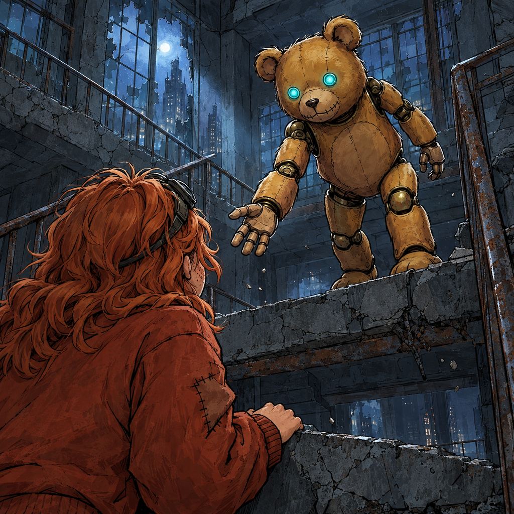 Ivy dans le paysage post-apocalyptique — page 6 panel 2: Une marche cède sous le pied d’Ivy. Ted se retourne et lui tend aussitôt une main mécanique.