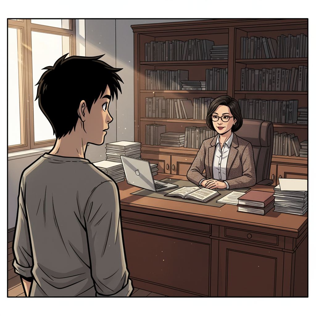 王二小智斗鬼子 — page 6 panel 3: 大学教授（char_11）在办公室里，郑重地邀请王二小（char_1）在全校师生面前，讲述自己的抗战经历。王二小听后，神情有些紧张，他从未在如此大的场合发言。