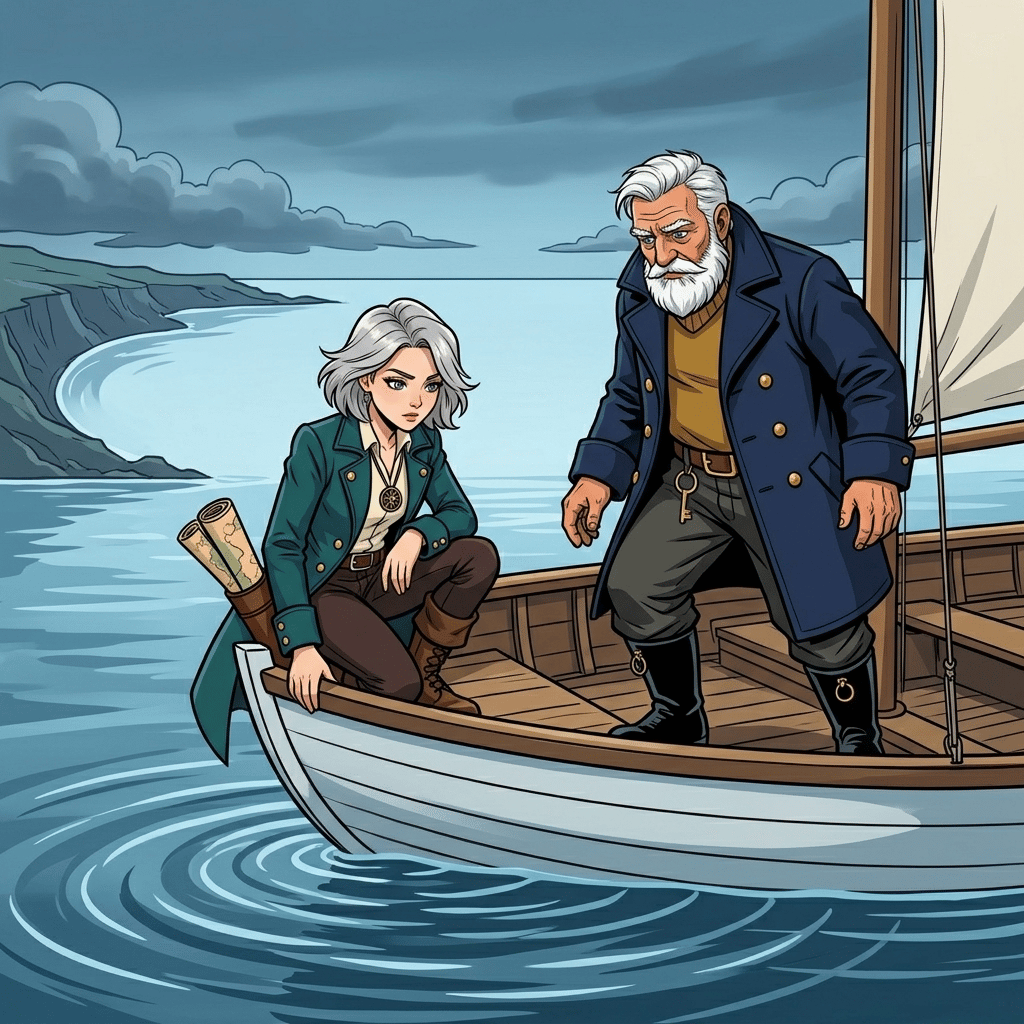 The Moving Sea — page 6 panel 3: The boat reaches the bend. The sea around it becomes unnaturally still, as if holding its breath, while a low tremor passes beneath the hull.