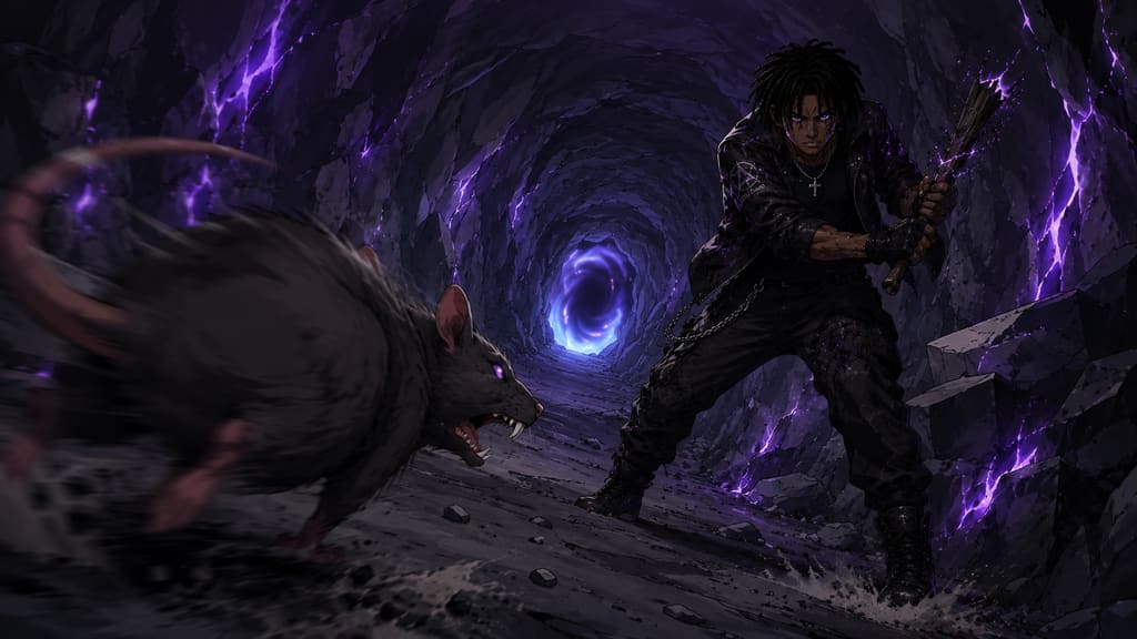 ZERO RANK — Episode 1: Rank Zero — page 6 panel 3: The Fang Rat charges. Malik raises his broken weapon, but his hands begin shaking as memories of the first fight return.