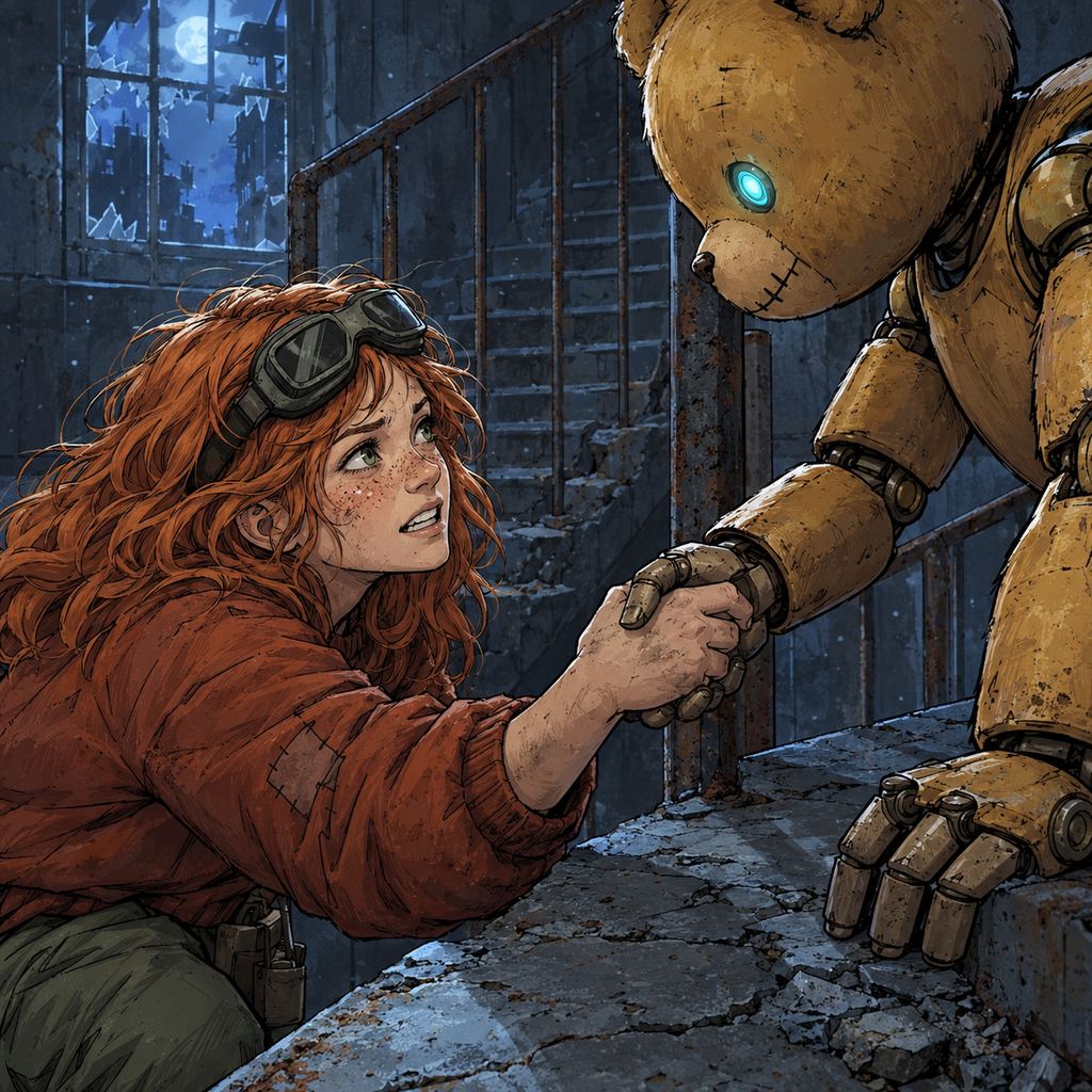 Ivy dans le paysage post-apocalyptique — page 6 panel 3: Ivy saisit la main de Ted et se hisse jusqu’au palier. Ils restent un instant immobiles, essoufflés, avant de reprendre leur ascension.