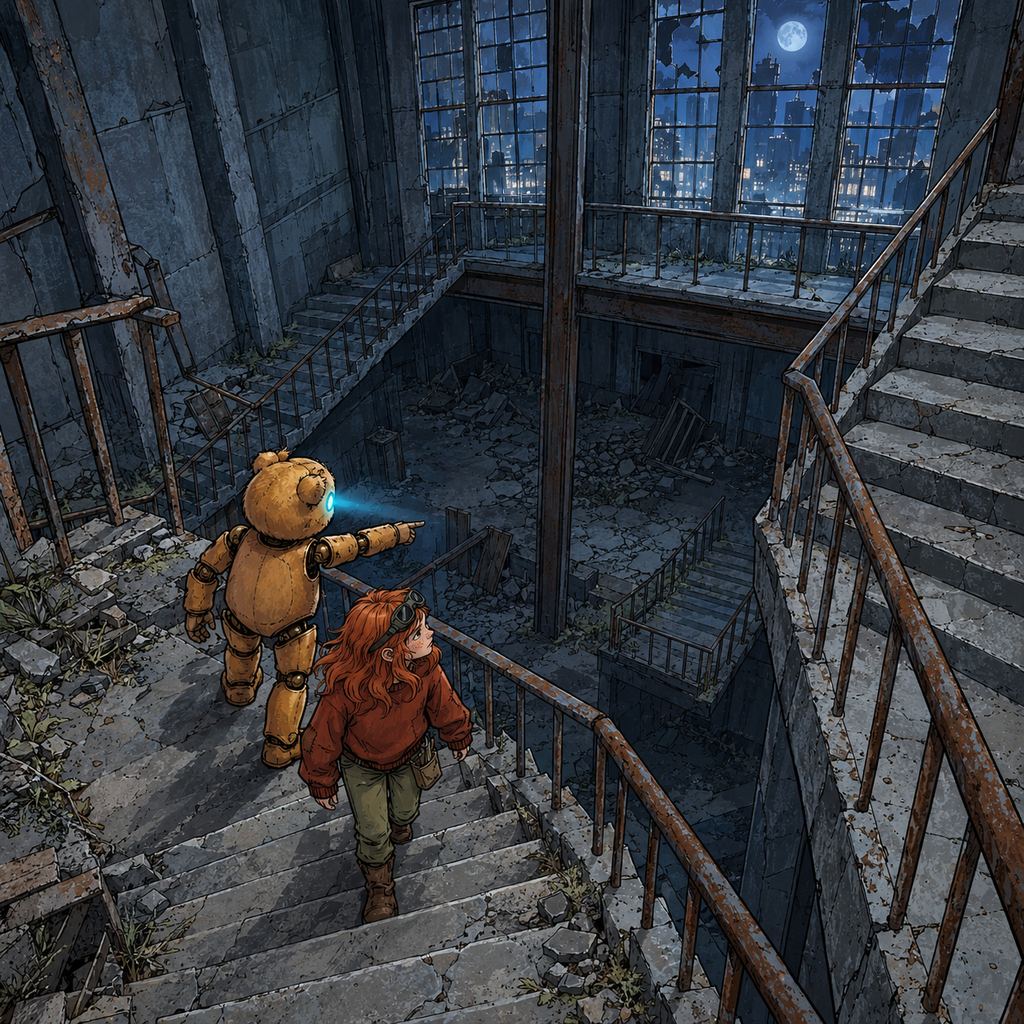 Ivy dans le paysage post-apocalyptique — page 6 panel 4: Ils atteignent un escalier extérieur partiellement effondré. Ted éclaire les marches avec ses yeux bleus et indique le passage encore praticable.