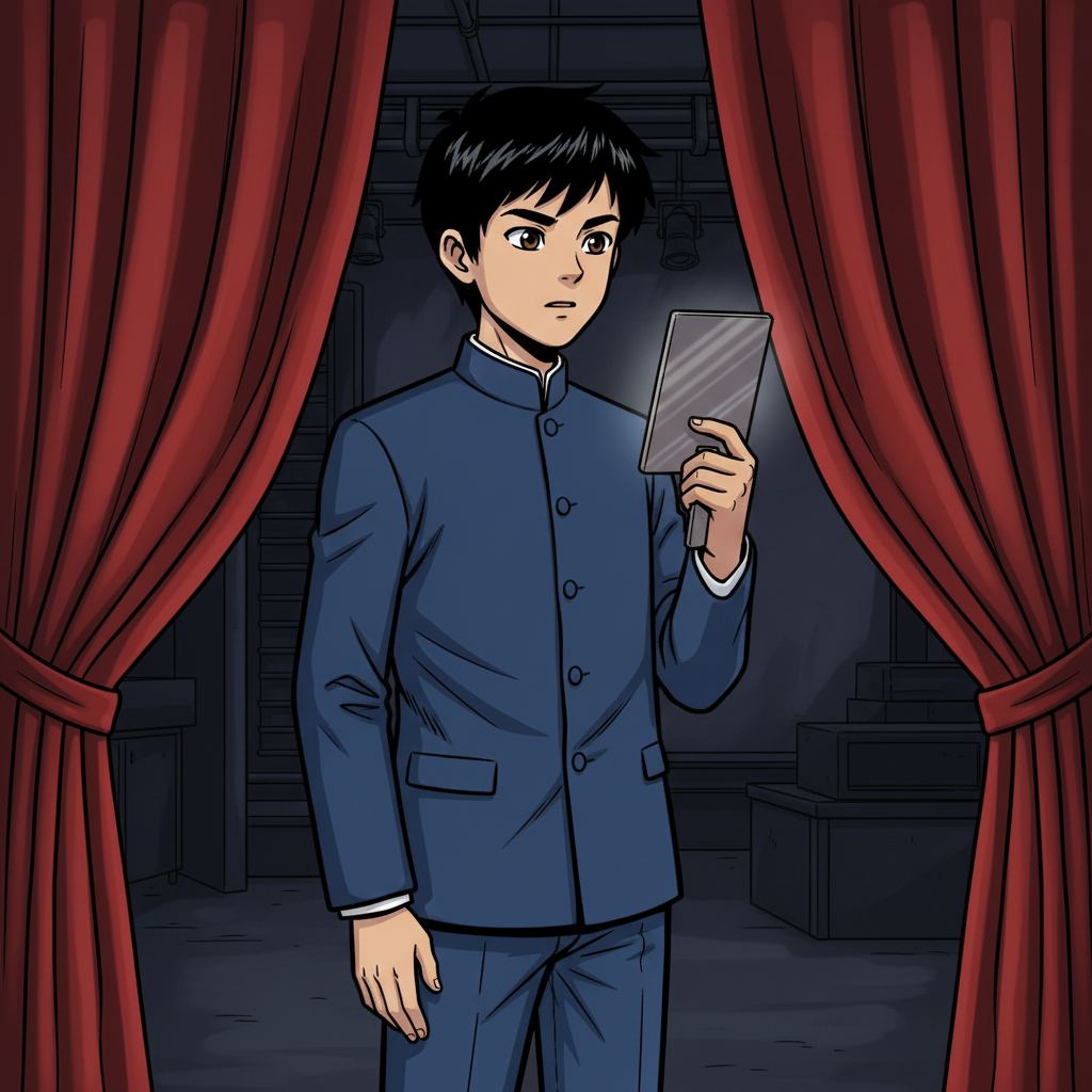 王二小智斗鬼子 — page 6 panel 5: 演讲当天，后台弥漫着紧张的气氛。王二小站在幕布后，深吸一口气，整理了一下身上整洁的中山装。他看向镜子里的自己，眼中闪烁着紧张，但更多的是一种使命感。