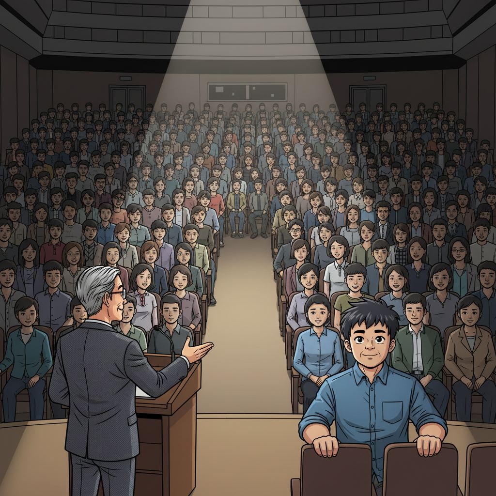 王二小智斗鬼子 — page 6 panel 6: 礼堂内座无虚席，灯光聚焦在舞台上。大学教授（char_11）走上讲台，庄重地向全校师生介绍即将登场的王二小。观众席上，小明（char_6）也坐在其中，眼中充满了期待。