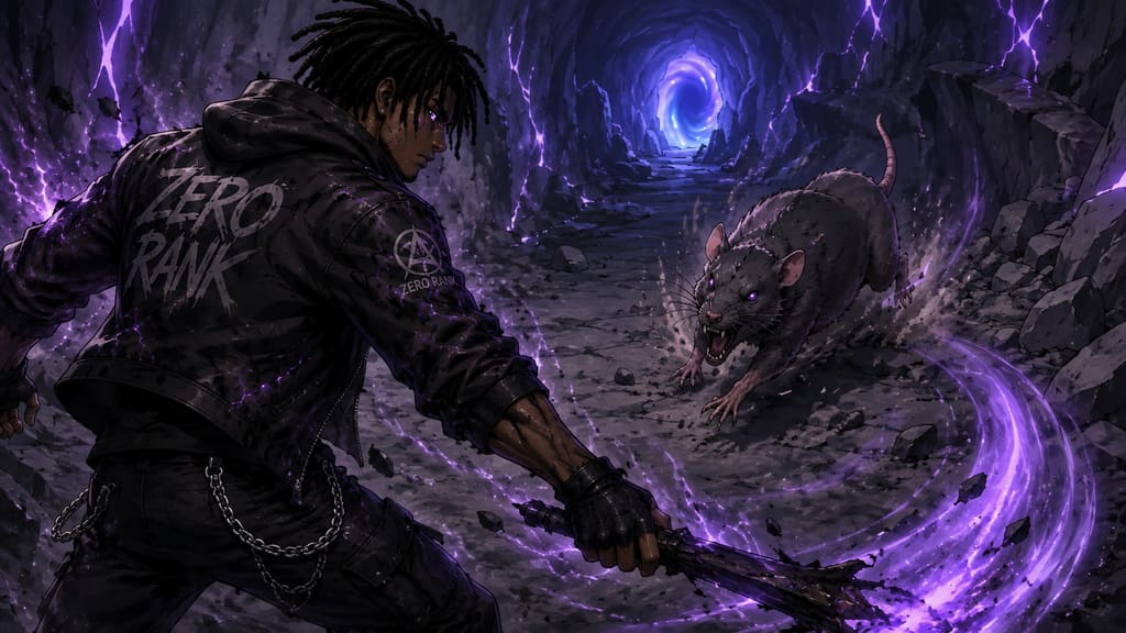 ZERO RANK — Episode 1: Rank Zero — page 7 panel 1: The Fang Rat attacks again. Malik moves first, slipping outside the creature's line and swinging the broken blade.