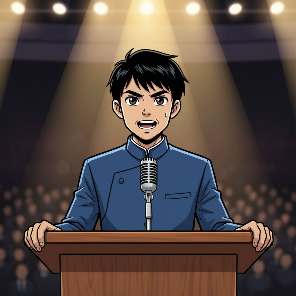 王二小智斗鬼子 — page 7 panel 2: 王二小（char_1）开始讲述他的故事，从放羊娃的童年，到机智引敌的惊险瞬间，再到战争胜利后的求学之路。他的声音充满力量，眼神坚定而深邃。