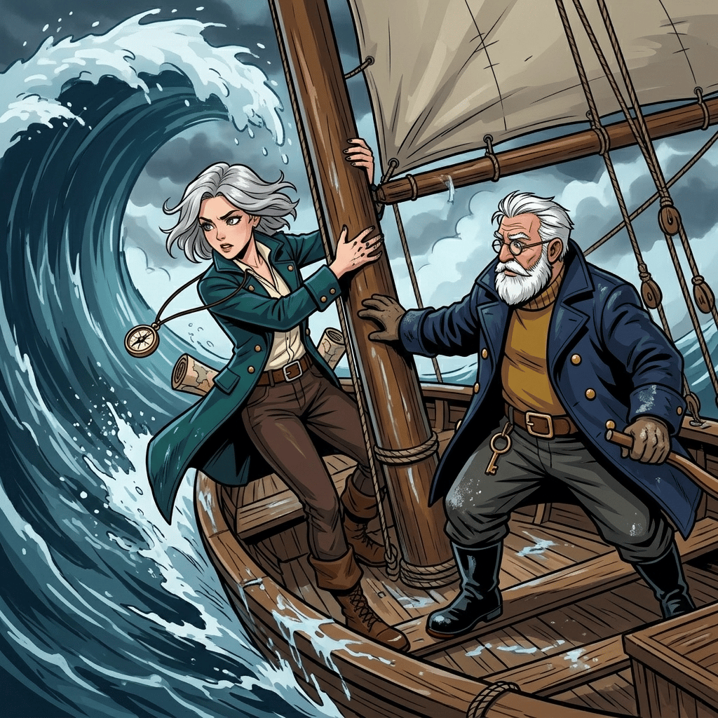 The Moving Sea — page 7 panel 2: Tomas reaches for Mira as the boat tilts. She catches the mast, her compass pendant swinging violently toward the living water.
