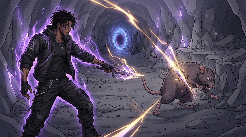 ZERO RANK — Episode 1: Rank Zero — page 7 panel 2: The broken blade cuts across the Fang Rat's side. The creature recoils, surprised that Malik finally connected.