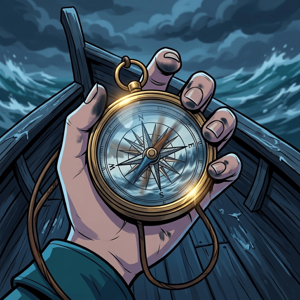 The Moving Sea — page 7 panel 3: Close on Mira's hand around the compass pendant. Ink stains mark her fingers, and the tiny needle spins without pointing north.