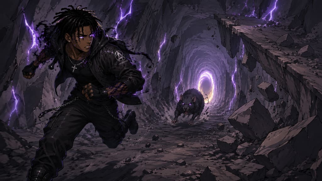 ZERO RANK — Episode 1: Rank Zero — page 7 panel 4: The Fang Rat lunges again. Malik pivots aside, drawing it toward a narrow section beneath unstable stone.
