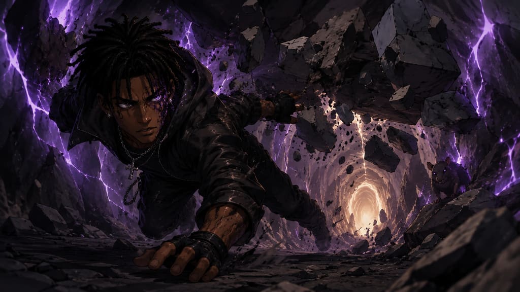 ZERO RANK — Episode 1: Rank Zero — page 7 panel 6: At the final instant, Malik strikes the unstable stone support and dives aside as the rock shelf begins to collapse.