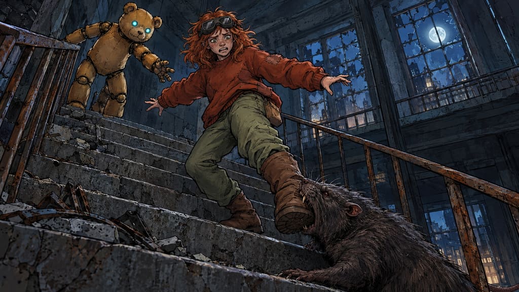 Ivy dans le paysage post-apocalyptique — page 7 panel 4: on découvre qu'un rat géant lui mord la chaussure et la tire vers le bas