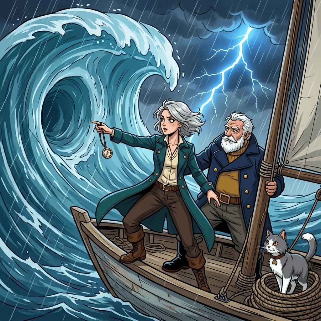 The Moving Sea — page 8 panel 1: The immense living water still towers around the narrow sailboat. Mira stands at the bow with her compass pendant extended toward it, while Tomas braces himself behind her. From beneath a coil of rope near the stern, a gray-and-white cat slowly lifts his head.