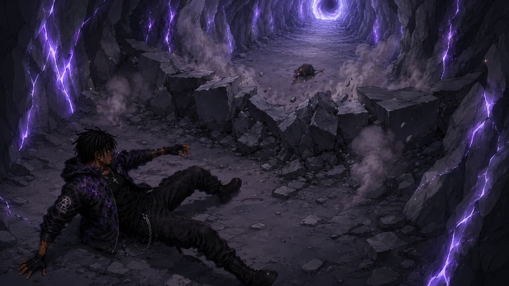 ZERO RANK — Episode 1: Rank Zero — page 8 panel 1: The rock shelf collapses between Malik and the Fang Rat. Dust fills the passage, and the creature's movement disappears behind the stone.