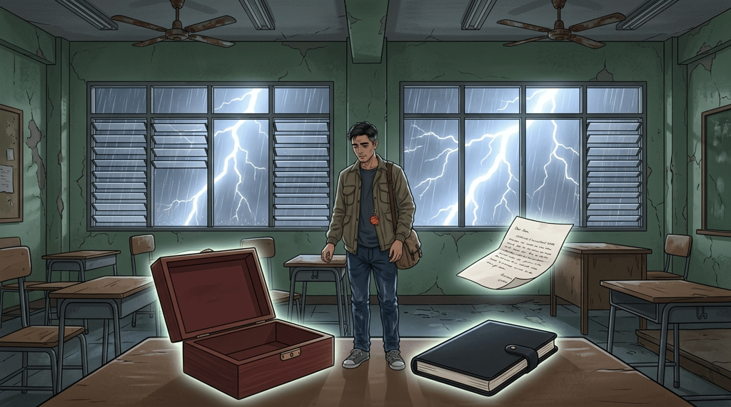 Letters I'll Never Send — Part One: Miles Between Us — page 8 panel 2: The roaring rain fills the classroom like percussion, surrounding PB, the notebook, and the unfinished letter in a suspended moment before revelation.