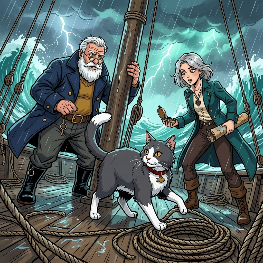 The Moving Sea — page 8 panel 2: Brine steps carefully across the rocking deck, tail raised for balance. Mira lowers the compass slightly, stunned. Tomas grips the mast and stares at the cat as though the storm has finally become less strange than the passenger.