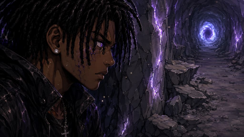 ZERO RANK — Episode 1: Rank Zero — page 8 panel 2: The Fang Rat falls behind the collapsed stones. Malik remains frozen for one breath, listening for movement.