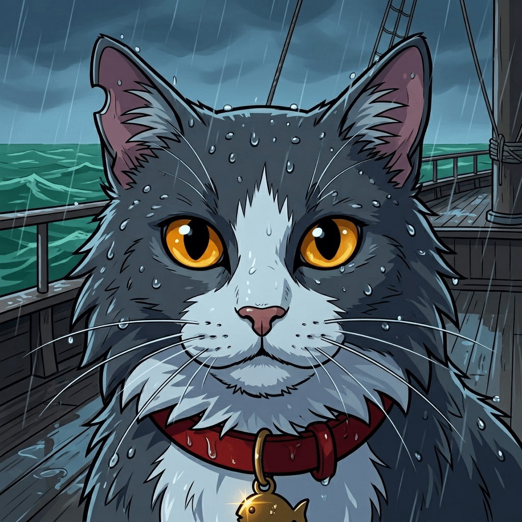 The Moving Sea — page 8 panel 3: A tight close-up catches Brine's amber eyes reflecting the impossible sea. Water beads on his whiskers, but his expression is composed, almost bored, as if he has been waiting years for this conversation.
