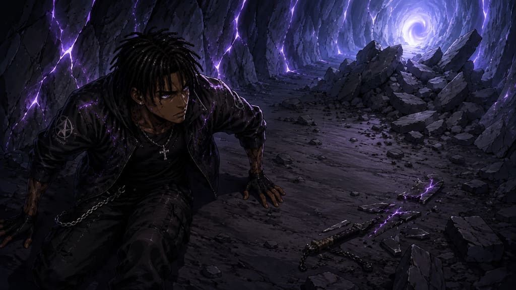 ZERO RANK — Episode 1: Rank Zero — page 8 panel 3: The cavern stays silent. Malik slowly turns toward the fallen stones, realizing the second Fang Rat has been defeated.