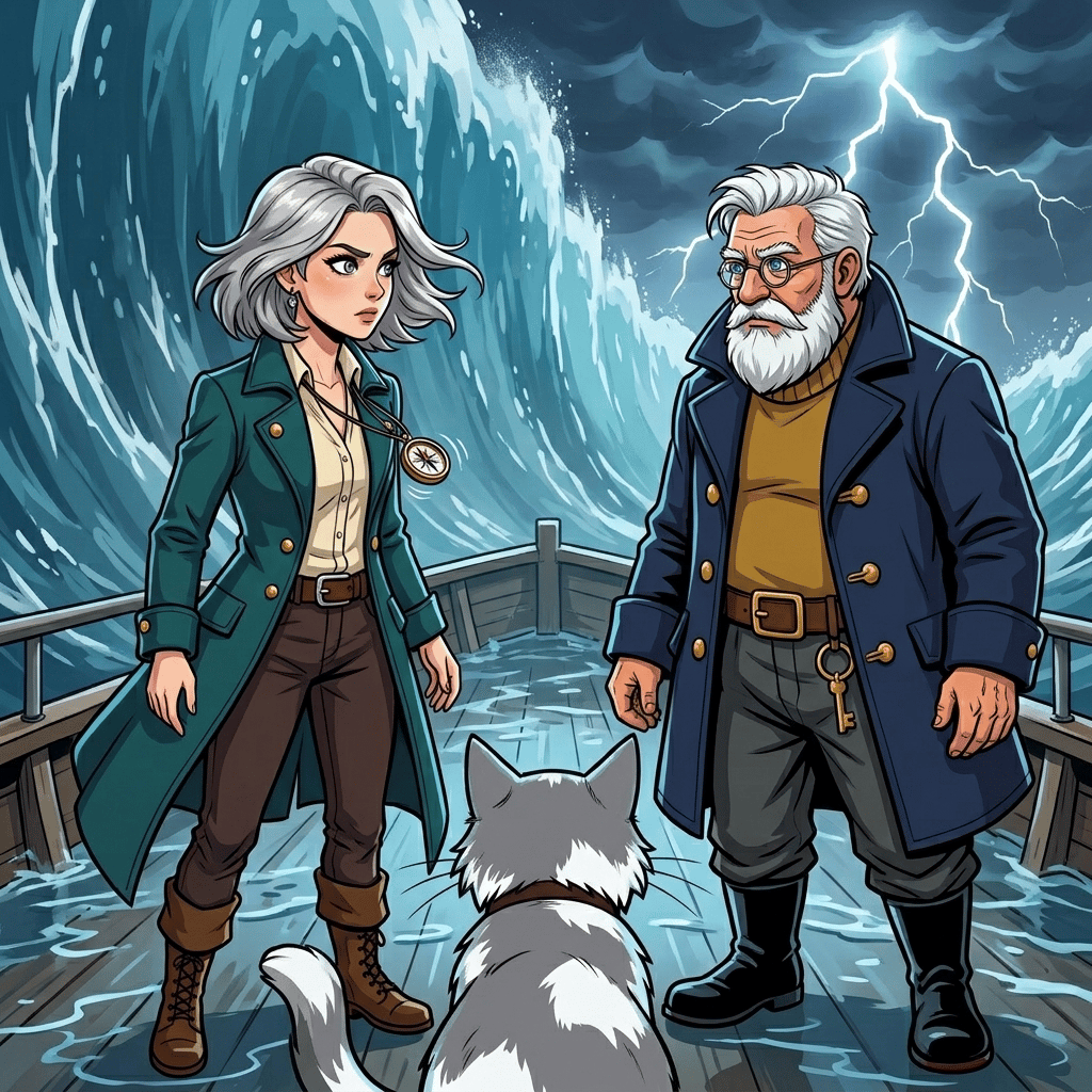 The Moving Sea — page 8 panel 4: Mira and Tomas exchange a wary look over Brine's back. The compass needle trembles toward the cat for one brief instant, then swings toward the immense water.