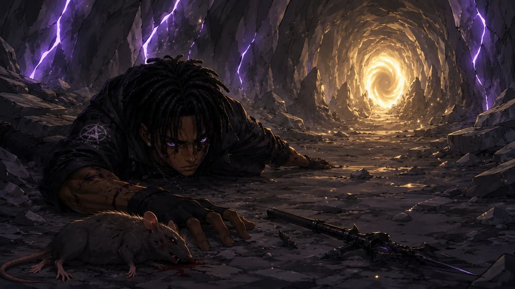 ZERO RANK — Episode 1: Rank Zero — page 8 panel 4: Malik reaches the fallen Fang Rat and collapses beside it, believing the nightmare is finally over.