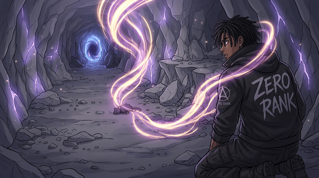 ZERO RANK — Episode 1: Rank Zero — page 8 panel 5: The silence changes. Luminous energy begins leaving the dead Fang Rat and spirals toward Malik's body.